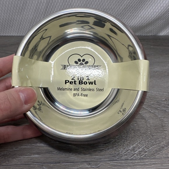 Dog or Cat Food 2 in 1 Melamine Stainless Steel Pet Bowl BPA Free Wood Grain - Picture 2 of 6
